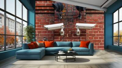 Two surveillance cameras on a red brick wall, with infrared spotlights Wall mural