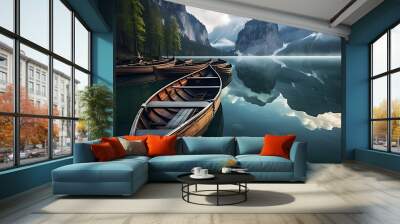 Photo Boats on the Braies Lake ( Pragser Wildsee ) in Dolomites mountains, Sudtirol, Italy Wall mural