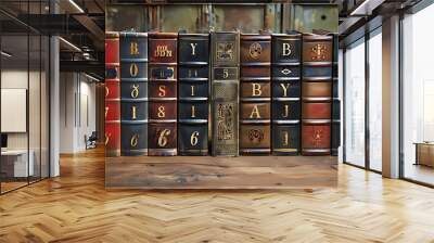 Ten book volumes in row. Roman numerals on hardback book spine. Home library bookshelf banner Wall mural