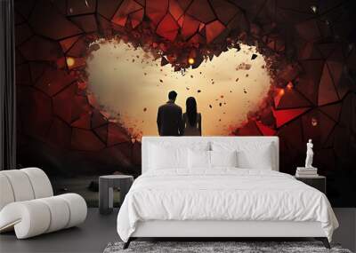 The end of love and heartbreak shown by two shattered hearts Wall mural