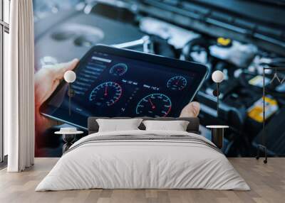 car engine diagnostics. service mechanic using digital tablet to inspect vehicle condition Wall mural