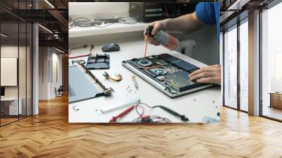 computer maintenance - technician blow out dust from laptop fan Wall mural