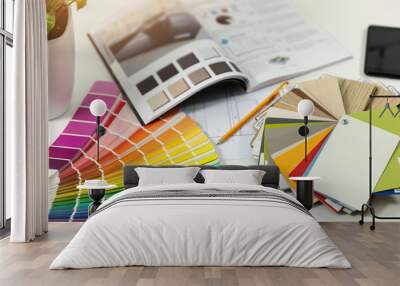 designer workplace - interior paint color and furniture material samples Wall mural