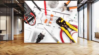 electrical tools and equipment on wiring plan. top view Wall mural