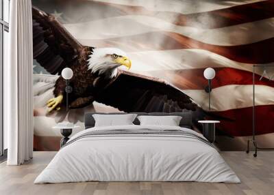 flying bald eagle on american flag. freedom and independence concept. 4th of july background. banner with copy space Wall mural