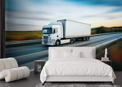 freight transportation, white cargo truck on the road. motion blur. generative AI Wall mural