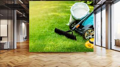 garden lawn care tools and equipment for perfect green grass. banner copy space Wall mural