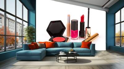 group of makeup accessories isolated on white Wall mural