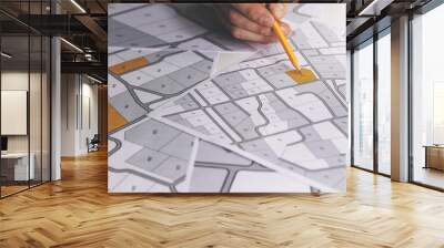 hand with pencil on cadastral map - choose and buy a building plot for house construction Wall mural