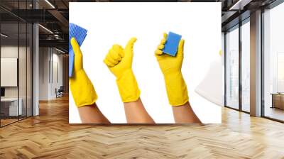 hand with yellow rubber glove holding cleaning supplies on transparent background Wall mural