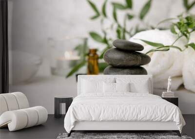 hot stone massage - spa beauty treatment items on white wooden table Wall mural