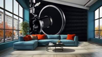 microphone in dark sound recording studio. banner with copy space Wall mural