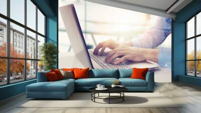 modern businessman working on laptop in bright sunny office Wall mural