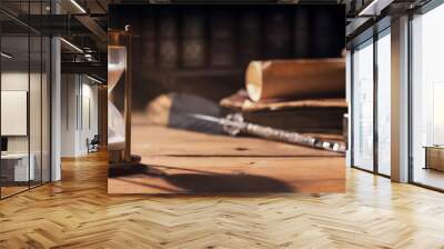 sand running through the hourglass on old wooden table with vintage books and quill pen. time is ticking. banner Wall mural