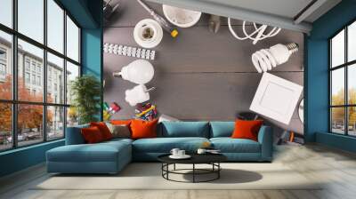 top view of electrical tools and equipment on wooden table Wall mural