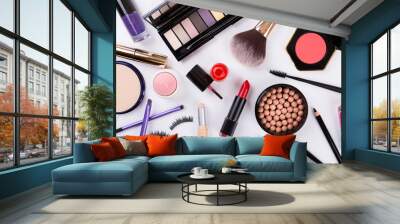 top view of makeup cosmetics set Wall mural