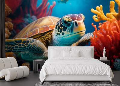 turtle swimming underwater in colorful coral reef. tropical marine life. generative AI Wall mural