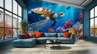 underwater coral reef with colorful fish and turtle. marine life. generative AI Wall mural