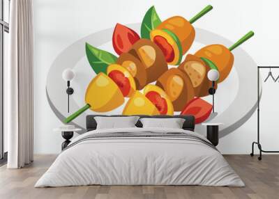 Chicken skewers with slices of sweet peppers and dill in plate in white background Wall mural