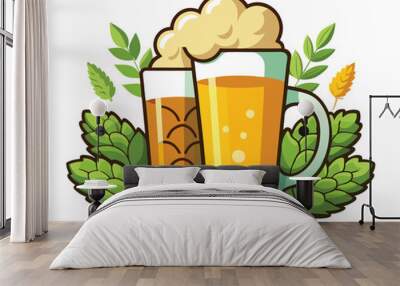 Cold beer in  glasses and hops and malt vector illustration Wall mural