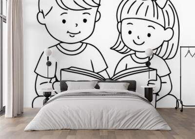 Little boy and little girl reading book  Wall mural