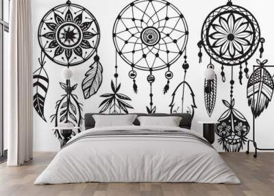 Set of dreamcatchers in black and white. Vector illustration. Wall mural