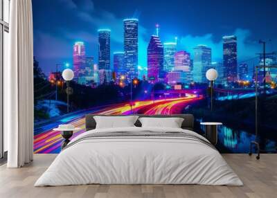 A city at night with a highway in the middle Wall mural