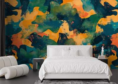 A colorful and abstract painting of a camo pattern Wall mural