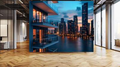 realistic photo of A modern apartment building in an urban environment, photographed in daylight and with city lights at night Wall mural