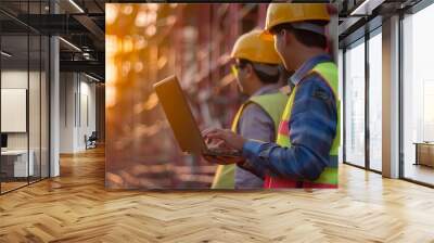 Two men wearing hard hats and safety vests are working on a construction site Wall mural