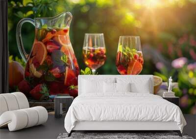 An inviting scene with a pitcher of sangria and two filled wine glasses on an outdoor picnic table Wall mural