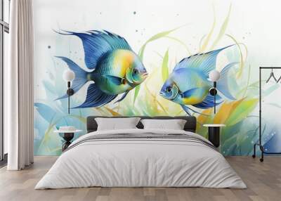 Angelfish and Neon Tetra in Amazon backdrop, blues and greens Wall mural