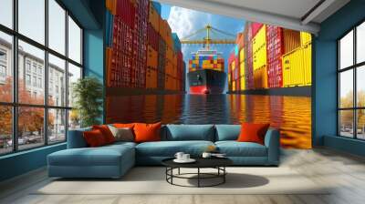 Container port with a cargo ship facilitating international shipping Wall mural