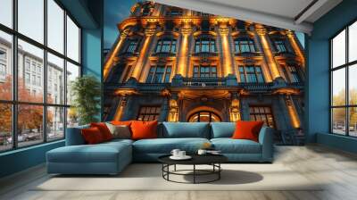 elegant Art Deco building at dusk, with geometric shapes and soft lighting, stylish and historic, HD, 4K Wall mural