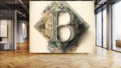 Monogram Letter B, elegant ink illustration on faded paper background Wall mural