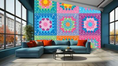 Granny square pattern. Multicolor crochet flowers. Vector illustration file. Wall mural