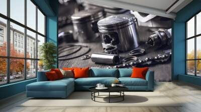 Chainsaw engine parts. Cylinder, piston, rings, pin, spark plug. Garden equipment service and repair Wall mural