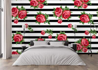 vector seamless background with red roses and black and white stripes Wall mural