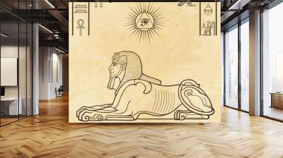 animation color portrait: egyptian sphinx body of a lion and the head of a man. set of hieroglyphs.  Wall mural