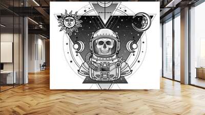 Animation portrait of the astronaut skeleton  in a space suit. Background - the star sky, symbols of the moon and sun. Sacred geometry. Vector illustration isolated.  Print, poster, t-shirt, card. Wall mural