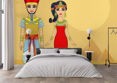 Cartoon portrait of Egyptian family in ancient clothes. Pharaoh, King, God. Full growth. Vector illustration. Background - desert landscape, pyramid ruins. Wall mural