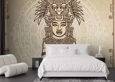 Linear drawing: decorative image of an ancient Indian deity. Magic circle. A background - imitation of old paper. Vector illustration. Wall mural