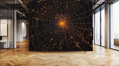 Glowing Dew Drops on Intricate 3D Spider Web Against Gradient Background Wall mural