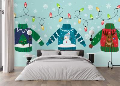 Christmas ugly sweaters set with deer, snowman and spruce. Wall mural