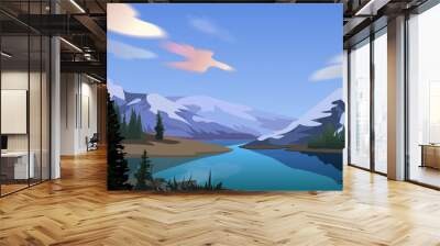 Mountain lake with rainbow clouds landscape. Wall mural