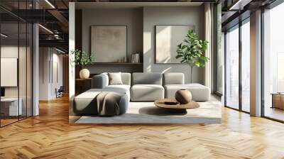  a modern, minimalist living room featuring a sleek, grey sofa, a wooden coffee table, and indoor plants in stylish pots. Wall mural