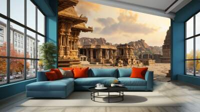 Ancient stone architecture city ruins at Vijaya Vittala temple complex at Hampi Karnataka, India at sunrise Wall mural