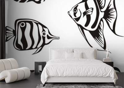 Set of black and white tropical fish Wall mural