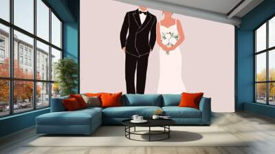 Abstract silhouette of wedding couple groom and bride. Woman with bouquet and man portrait. Invitation card. Wedding ceremony. Marriage people vector illustration. Newlyweds poster wall print decor Wall mural