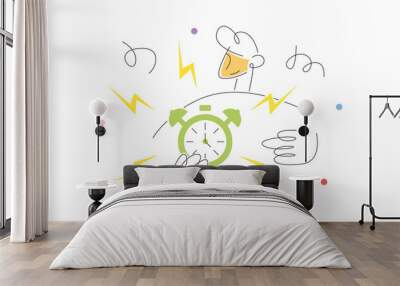 Hurry up! Outline office worker holding and pointing alarm clock , working overtime. Time is running out. Burning tasks, deadlines. Hard waking up and stress. Hand drawn flat vector illustration. Wall mural